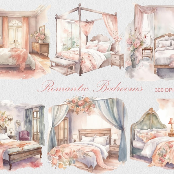 Watercolor Romantic Bedroom Clipart, Commercial Use Bedroom PNG, Bedroom Furniture, Cottagecore, Home,