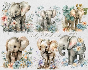 Watercolor Cute Baby Elephants Clipart, Commercial Use Jungle Animals Clipart, Sublimation, Instant Download, Scrapbook, Junk Journal,