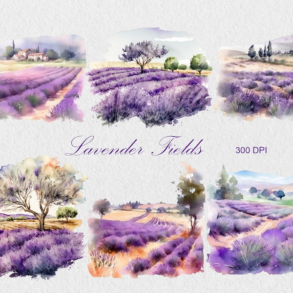 Watercolor Lavender Field Clipart, Commercial Use Lavender PNG Sublimation, Scrapbooking Lavender Flowers, Countryside