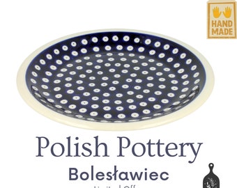 Boleslawiec Polish Stoneware Dinner Plate - Blue Polka Dot Ceramic Plate - 9.4''