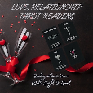 May include: A tarot card reading for love and relationships with four cards laid out on a black background. The cards are black with white illustrations and text. The text on the cards includes "Karmic Relationship", "Kisses", "Love", and "Island Time Wishes". The cards are surrounded by red hearts and a red ribbon.