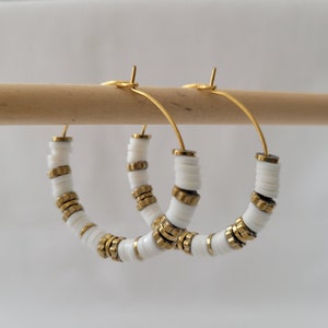 CUSTOMIZABLE white and gold heishi pearl hoop earrings