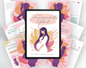 May include: A digital tablet displaying a pink and yellow floral design with a pregnant woman silhouette. The text "Mein Schwangerschafts Tagebuch" is displayed on the tablet screen. The tablet is surrounded by various printable pages for a pregnancy journal.