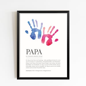 May include: A printable art print with a watercolour illustration of two handprints in blue and pink. The print features the word "PAPA" in black text with a definition of the word in German.
