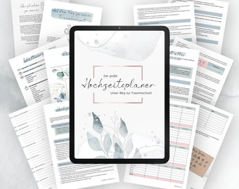 May include: A digital tablet displaying a wedding planner with the title "Der große Hochzeitsplaner" and the text "Unser Weg zur Traumhochzeit". The tablet is surrounded by various pages of the planner, which are printed on white paper with a light blue and grey watercolour design.