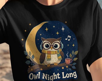 Cute Owl Night Long T-Shirt, Funny Owl Lover Shirt, Owl Listening to Music Tee, Adorable Owl Coffee Mug Art, Cozy Night Owl Design