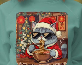 Christmas Cat Sweatshirt: Ramen Santa, Holiday Pullover