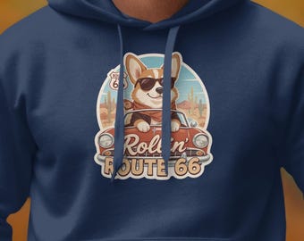 Rollin Route 66 Corgi Hoodie: Funny Dog Graphic Sweatshirt