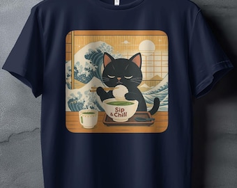 Cute Black Cat Ramen T-Shirt, Japanese Wave Art Tee, Cat Lover Gift, Sip and Chill Cat Shirt, Cool Cat Graphic Tee for Animal Lovers