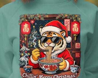 Funny Tiger Christmas Sweatshirt: Santa Ramen, Relaxed Fit