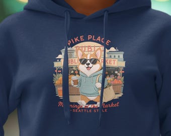 Cute Corgi Hoodie, Pike Place Market Hoodie, Seattle Style Apparel, Corgi Lover Gift, Market Morning Hoodie, Adorable Dog Sweater