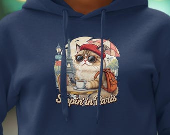 Paris Cat Coffee Hoodie, Eiffel Tower, Cat Lovers Gift