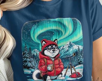 Husky Telescope Northern Lights T-Shirt - Funny Dog Lover Gift