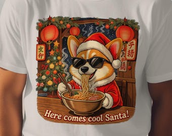 Funny Christmas Corgi T-Shirt: Santa Eating Noodles Graphic Tee