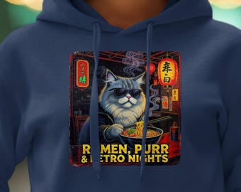 Cool Cat Ramen Hoodie, Retro Nights Cat Hoodie, Cat with Sunglasses Hoodie, Fun Pet Lover Hoodie, Casual Cat Graphic Hoodie