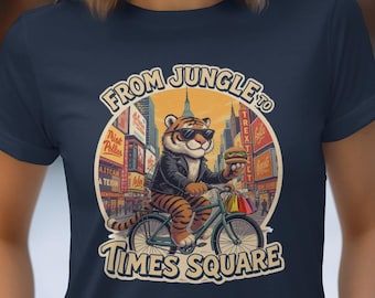 Tiger on Bike New York City T-Shirt, From Jungle to Times Square Graphic Tee, Cool Tiger Eating Burger Shirt, NYC Tourist Souvenir Tee