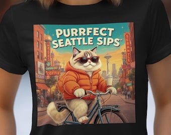 Ragdoll cat  Seattle T-Shirt, Vintage Style Cat on Bike Graphic Tee, Fun Cat Lovers Gift-Funny Cool Riding Bike, Retro Seattle Graphic Tee