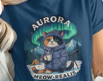 Cute Cat Aurora T-Shirt-Funny Northern Lights Shirt, Alaska Cat Lover Gift, Meow Retails Hoodie Cat Tee