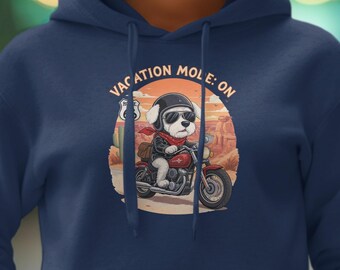Cool Dog on Motorcycle Hoodie, Vacation Mode On, Route 66 Hoodie, Fun Biker Dog Hoodie , Adventure Lover Gift, Hoodie for men and women