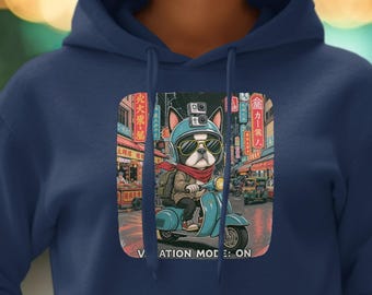 Bulldog on Scooter Hoodie, Vacation Mode, Dog Lover Gift