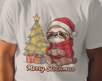 Cute Christmas Sloth T-Shirt, Merry Slothmas Holiday Shirt, Funny Sloth Lovers Gift, Santa Sloth with Hot Cocoa and Gifts