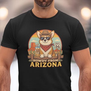 Cute Corgi Howdy From Arizona T-Shirt, Route 66 Souvenir Tee, Fun Bubble Tea Shirt, Colorful Summer Cactus Graphic Tee, Western Dog Shirt