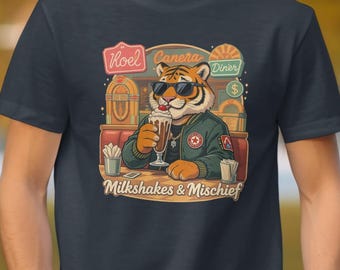 Cool Retro Diner Tiger Milkshakes Mischief, Vintage Style Tiger Drinking Milkshake T-Shirt, Unique Funky Graphic Tee