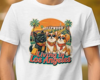 Cute Dogs in Sunglasses Graphic Tee, Living in Los Angeles T-Shirt, Fun Hollywood Puppies Shirt, Stylish Dog Lover Gift Tee