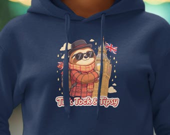 Funny Sloth London Big Ben Hoodie: "Tick Tock & Tipsy"