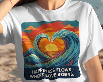 Vintage Retro Surfing Art, Ocean Waves Heart Graphic Tee, Beach Sunset T-Shirt, Inspirational Love Quote Cotton Shirt, Summer Surf Apparel