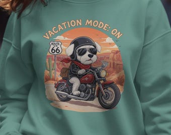 Vacation Mode Dog Biker Sweatshirt: Route 66 Graphic, Vintage Style