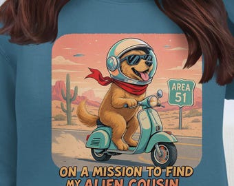 Retro Dog Space Adventure Sweatshirt: Alien Cousin Mission