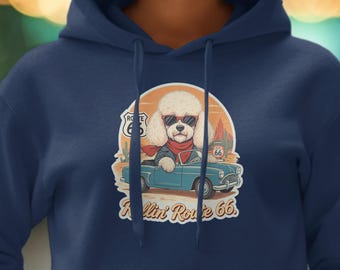 Retro Route 66 Dog Graphic Hoodie, Vintage Style Travel Sweatshirt