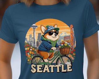 Seattle Corgi T-Shirt, Dog on Bike, Washington Souvenir