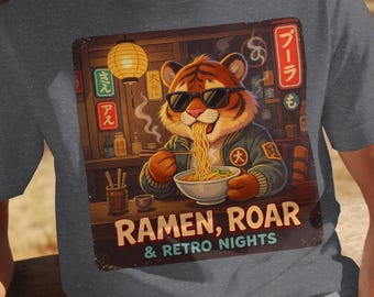 Ramen Roar T shirt Retro Vibes, Quirky Tiger Noodles Graphic, Funky Fast Food Tee, Hipster Animal Design, Cool Tiger Eating Ramen Shirt