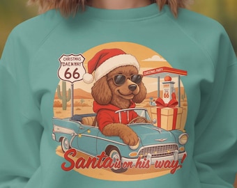 Funny Christmas Poodle Sweatshirt: Santa Dog Driving Car - Holiday Cheer