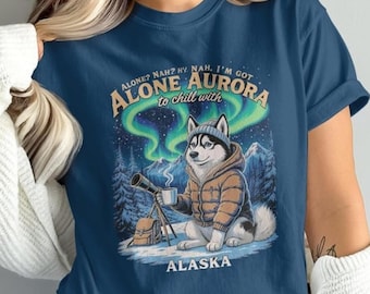 Funny  Husky Aurora T-Shirt-Alone Aurora Alaska Dog Shirt, Cute Northern Lights Camping Tee