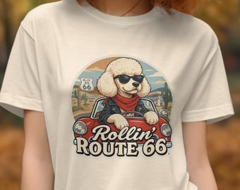 Retro Poodle Driving Car T-Shirt: Route 66 Graphic Tee