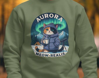 Cute Cat Aurora Borealis Sweatshirt, Cozy Cat in Winter Scene Pullover, Northern Lights Camping Hoodie, Adorable Cat Stargazing Sweater