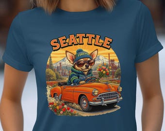 Seattle Chihuahua T-Shirt, Driving Car Tulips, City Skyline Tee, Cool Dog Shirt, Pet Lover Gift, Washington State Apparel, Dog Breed