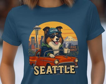 Seattle Dog T-Shirt, Retro Car, Seahawks Cap, Cityscape Souvenir