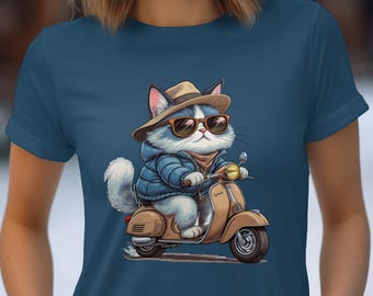 Cat on Scooter T-Shirt, Trendy Pet Lover Apparel