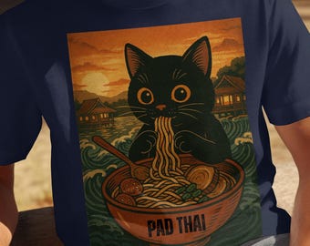 Cute Cat Eating Pad Thai T-Shirt, Fun Noodle Lover Tee, Adorable Cat Design, Vintage Style Cat Shirt, Unique Graphic Tee for Foodies