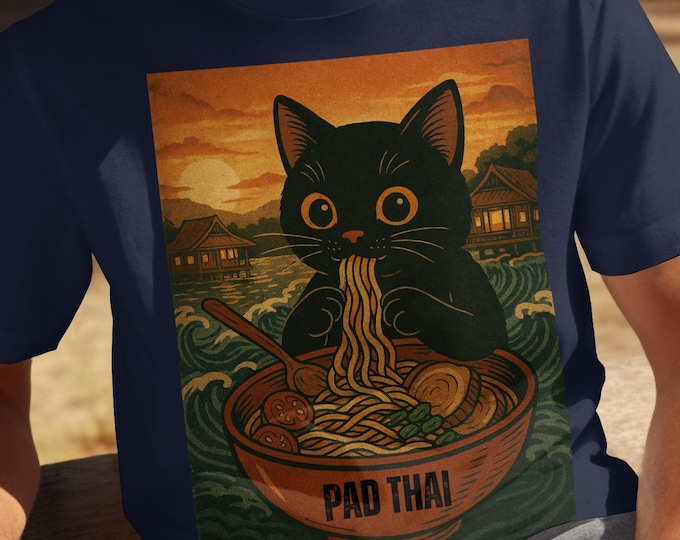 Featured listing image: Cute Cat Eating Pad Thai T-Shirt, Fun Noodle Lover Tee, Adorable Cat Design, Vintage Style Cat Shirt, Unique Graphic Tee for Foodies