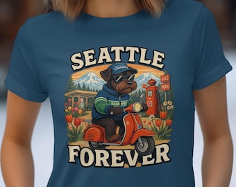 Seattle Dog on Scooter T-Shirt, Retro Pacific Northwest Souvenir
