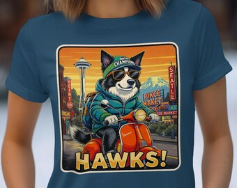 Seattle Border Collie Scooter T-Shirt, Hawks Champions Dog Art