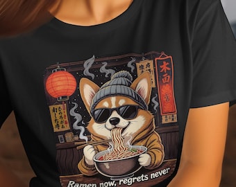 Cute Corgi Eating Ramen T Shirt, Funny Dog Graphic Tee, Food Lover Shirt, Cool Corgi in Sunglasses, Ramen Now Regret Never