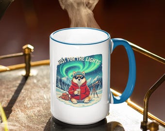 Funny Dog Coffee Mug: Aurora Borealis Camping Gift
