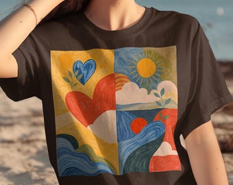 Abstract Art T-Shirt, Colorful Nature Inspired Design, Heart and Sun Elements, Unique Graphic Tee, Modern Artistic Shirt