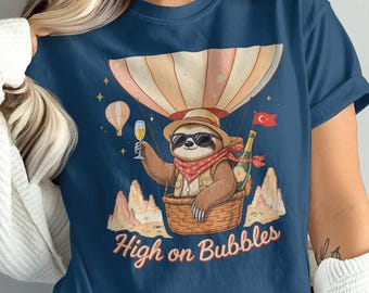 Sloth Hot Air Balloon T-Shirt: Funny Champagne Graphic Tee